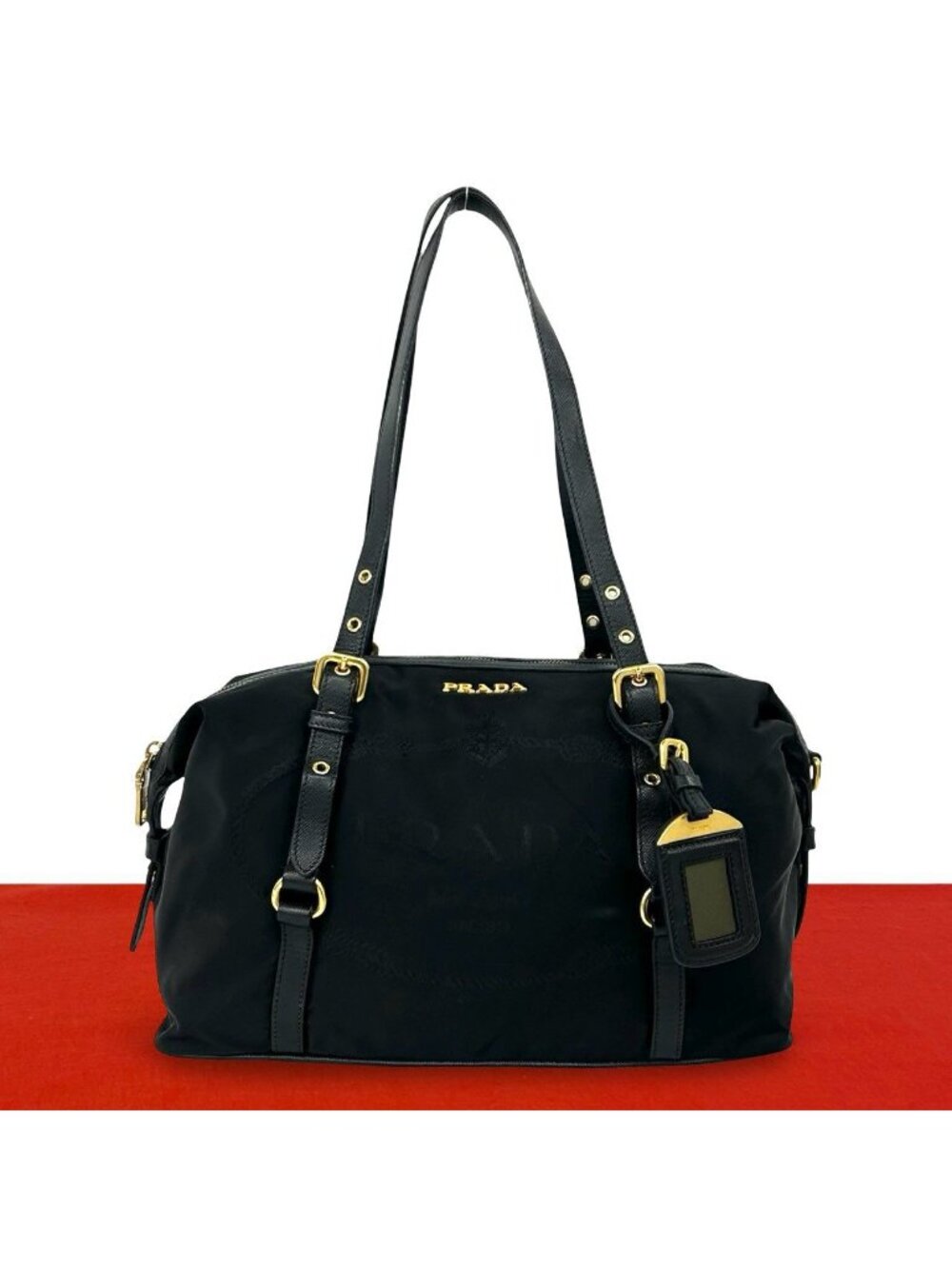 Prada Logo Tessuto Pocono Nylon Saffiano Leather Tote Shoulder Bag Black